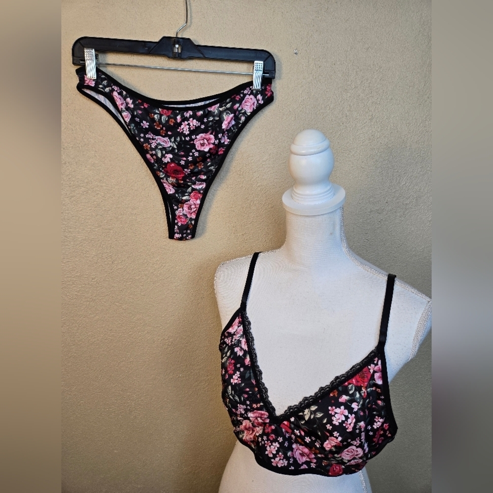Black and Pink Floral Bralette Set 1XL (5443)